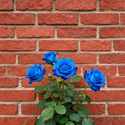 blues roses on a red brick wall, hdr, 8 k photography