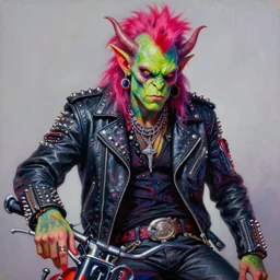 a portrait of an apocalyptic demonic orc goblin biker character, psychedelic vibrant colors, punk rock fashion, oil painting by michael whelan art, cool pose, sharp focus, realistic, 8 0 s hair, studded leather jacket