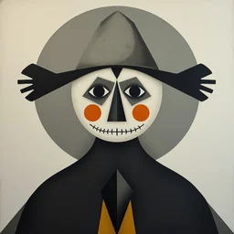 portrait of a scarecrow with minimalistic and aesthetic geometric shapes and patterns, muted color palette, symmetric, symbolist, abstract, spiritual art, painting by hilma af klint