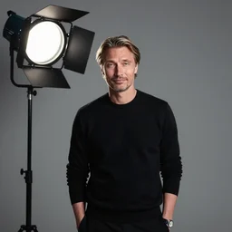 the medium portrait photo of mads mikkelsen in black studio using top light fresnel, still from the photo shoot by andrzej dragan with art direction by beksinski