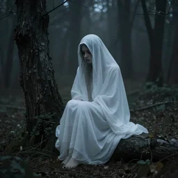 a sad ghostly girl in the dark forest by Natalia Drepina
