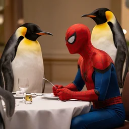 photo spider man in a romantic dinner with an emperor penguin, marvel movie