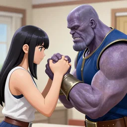 Thanos arm wrestling with Tsumugi Kotobuki, extremely detailed, trending on artstation, 4K.