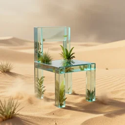 a chair made of rectangle tetris, in the desert, sandstorm, made of glass and plants, octane render, trending on artstation