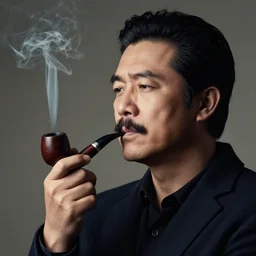 mark mann photography, a male portrait, black hair, moustache, smoking a pipe