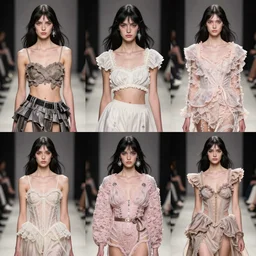 multi panel storyboard of olivia wearing progressively weirder outfits, runway model at new york fashion week, fit physique, black hair, freckles, pale skin, multiple angles, photo by greg rutkowski, stage lighting, soft colors, female beauty, intricate detail, elegance, 3 5 mm, depth of field, masterpiece