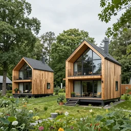 eco homes with lots of trees, made of wood and glass, Scandinavian style