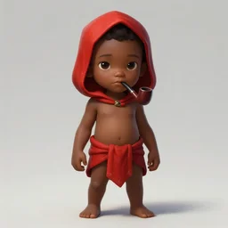 a highly detailed illustration of a little black boy, shirtless, red loincloth and has only one leg, red hood and a pipe smoking in his mouth, cute, highly detailed, centered, digital painting, artstation, concept art, smooth, sharp focus, league of legends concept art, wlop