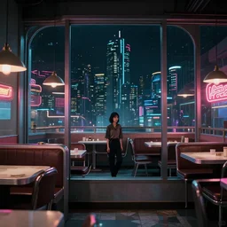 vertical portrait of girl in 5 0's retro restaurant interior, neon - decorated urban on night in the city seen through the window, modern interior design, architectural design, vintage, night blade runner, dark, postapocalyptic, clean lines, 4 k, octane, asian futuristic city at distance, big windows, octane, wide angle