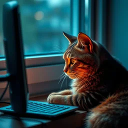 a cat working on a computer by the window, intricate details, hyper realistic