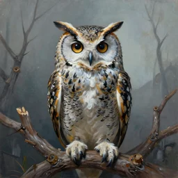 Sapiential the smart but sad owl in style A Separate Reality: New Paintings of Dystopian Worlds by Alex Andreev