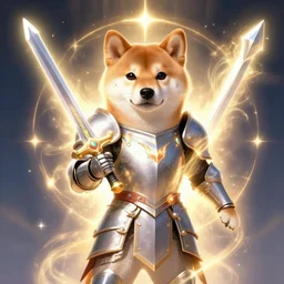 anthropomorphic shiba inu, paladin armor, holding sword glowing holy light aura, fantasy, holy light, portrait art by donato giancola and greg rutkowski, realistic face, visible holy aura, digital art, trending on artstation, symmetry