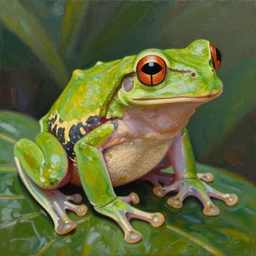An oil painting of a tree frog, Ultra detail