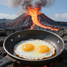 Making sunny-side up eggs on a pan on magma flowing out of volcano, realistic, breathtaking, highly detailed