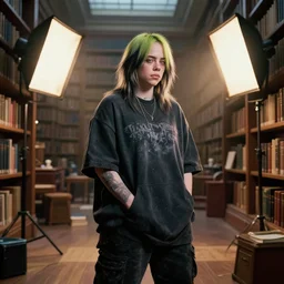 billie eilish inside a library, unreal 5, hyperrealistic, realistic, photorealistic, dynamic lighting, highly detailed, cinematic landscape, studio landscape, studio lighting