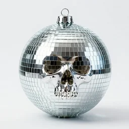 a disco ball shaped like a spiky skull, photograph