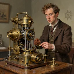 A random pointless contraption ((steampunk)) industrial appliance pneumatic machine with no apparent purpose, being operated by a scholarly looking man with a clear directed gaze, artwork by  Steve Henderson