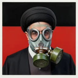 detailed 6 0 0 mm realistic photography of random iran ayatollah, gas mask, ayatollah black suit, black red flag background, nuances of the human face and subtle shifts in tonal value, silhouette composition, neutral, cool - toned palette, fluid patterns, powerful composition, opaque paints, grid method.