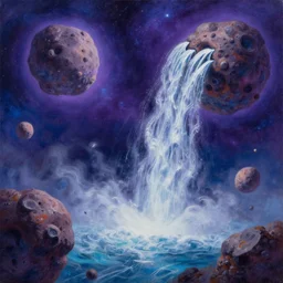 waterfall in asteroid field, purplish blueish space in background, ultra detailed, artstation award winner, oil painting, vibrant, detailed water