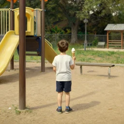boy with ice cream in playground, leyendecker style, away from camera