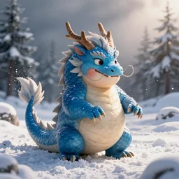 HD, photo , realism , chubby female dragon , blue scales. playing in the snow