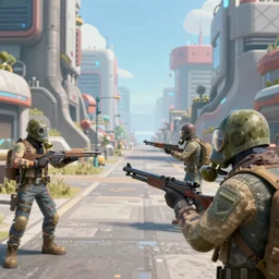 Postapocalyptic city with people with old fashion guns in gas masks, game screenshot