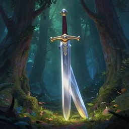 big magic sword in the fantasy forest, by pixar, disney, dark, albert bierstadt, 4 k