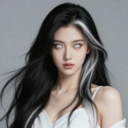 a lost female mage, sci - fi fantasy dress, white eyes, long wild black and white hair, detailed perfect face, exquisite details, fire magic, mid view, design on a white background, by studio muti, greg rutkowski makoto shinkai takashi takeuchi studio ghibli