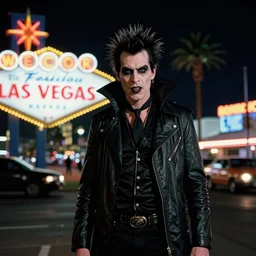 35mm photograph of a punk vampire on the Las Vegas strip at night by tom bagshaw, cinematic, hyper realism, high detail, octane render, 8k, trending on artstation, CGsociety, concept art, kodak portra