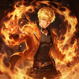 character art by ruan jia, young man, blonde hair, on fire, fire powers