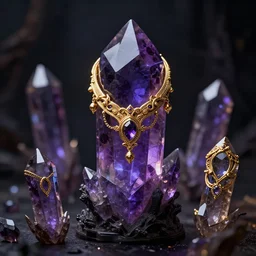 evil skeksis from the dark crystal wearing golden talismans and amethyst crystals. dark undertones. diffuse volumetric lighting.