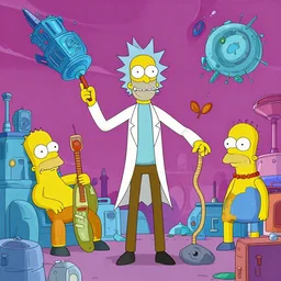rick and morty destroying the simpsons springfield with crazy scifi technology