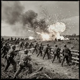american civil war trench battle, shots fired, explosions all around, wide shot, cinematic, tintype photograph