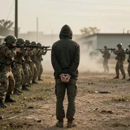 cinematic photo of Hooded innocent man, his hands are tied behind his back, he is standing 20 feet from a line of military men with their rifles pointed at him, firing squad, award winning, golden hour