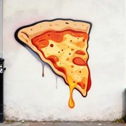 a slice of pizza dripping, aesthetic, flat color, minimal, paint drips, large spray graffiti on a wall by famous london graffiti artist