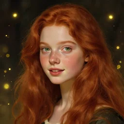 portrait of a red haired girl, long hair, green eyes, hint of freckles, beautiful round face, soft amazed smiles, among golden fireflies, highly detailed, deep focus, elegant, digital painting, smooth, sharp focus, golden ratio, illustration, ultra realistic, 8 k, art by artemisia lomi gentileschi and elisabeth vigee le brun