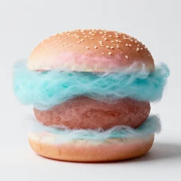 a cotton candy burger. cyan and pink.