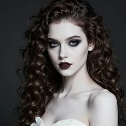 close up, professional studio photo of a young gorgeous girl, beautiful facial expressions, porcelain looking skin, goth makeup, curly hairstyle, graceful slim body, dressed in white, friendly neighbourhood, dramatic lighting, by annie leibovitz, boris vallejo, epic atmospheric black metal