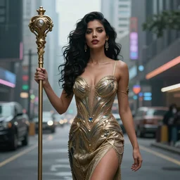 alone gorgeous latin woman, skydoll holding a staff, cyberpunk city street, intricate details illustration, cinematic, hyperrealism, elegant, vfx, octane render, 8 k