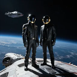 Daft Punk duo near each other standing above a spaceship in space, seen from far away, realistic, high quality