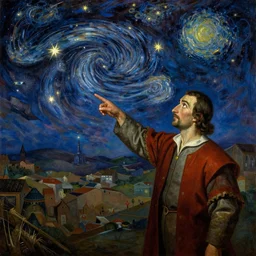 a man pointing to the northern star in the sky, middle ages, oil painting by salvador dali