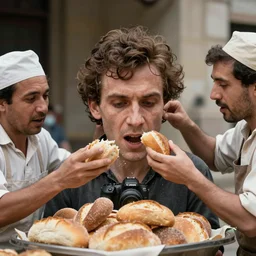 bakers fighting escaping bread, by Steve McCurry and David Lazar, natural light, detailed face, CANON Eos C300, ƒ1.8, 35mm, 8K, medium-format print