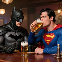 batman drinking beer with superman in a bar, High quality photo