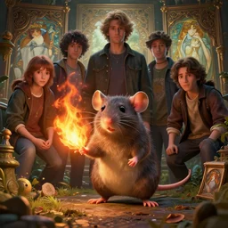 highly detailed vfx portrait of a cute little rat casting fire magic, unreal engine, greg rutkowski, loish, rhads, beeple, makoto shinkai and lois van baarle, ilya kuvshinov, rossdraws, tom bagshaw, alphonse mucha, global illumination, detailed and intricate environment