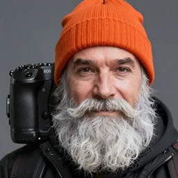 A bearded wizard with an orange beanie, (EOS 5DS R, ISO100, f/8, 1/125, 84mm, postprocessed, crisp face, facial features)