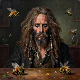 portrait of davy jones, giger, dark room, painting, 3 d render, bees, flowers, wooden table