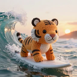 a closeup photorealistic photograph of a cute knitted tiger hippopotamus riding a large wave during sunset. surf in the background. detailed stitching. professional capture. brightly lit scene. this 4 k hd image is trending on artstation, featured on behance, well - rendered, extra crisp, features intricate detail, epic composition and the style of unreal engine.