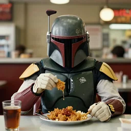 film still of Boba Fett eating at Katz's deli in When Harry Met Sally movie, 4k