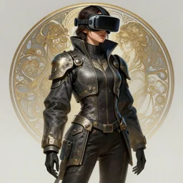 full body long shot Korean female wearing Cuberpunk 2077 Techwear Jacket and VR goggles, intricate, elegant, highly detailed, digital painting, artstation, concept art, smooth, sharp focus, illustration, art by artgerm and greg rutkowski and alphonse mucha