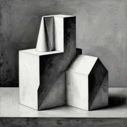 geometric still life, Gertrude Abercrombie, highly detailed, black and white, masterpiece, trending on ArtStation, ultra realistic